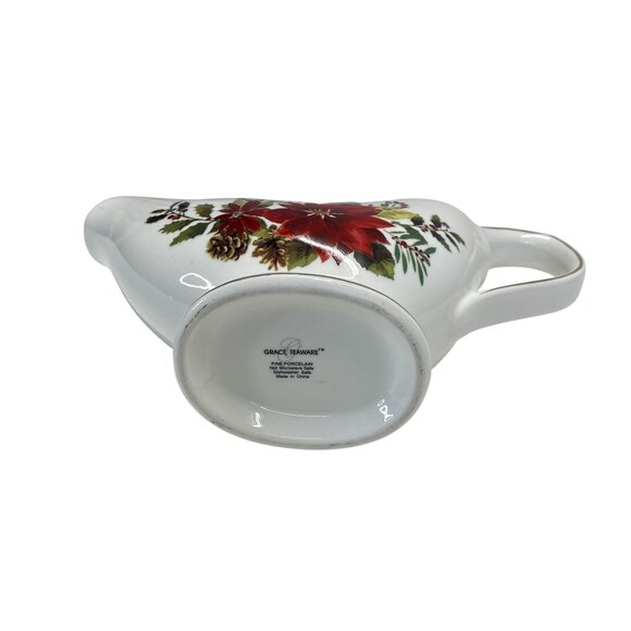 Grace Teaware Poinsettia Gravy Boat Elegant Christmas Porcelain Table Decor - Picture 5 of 9